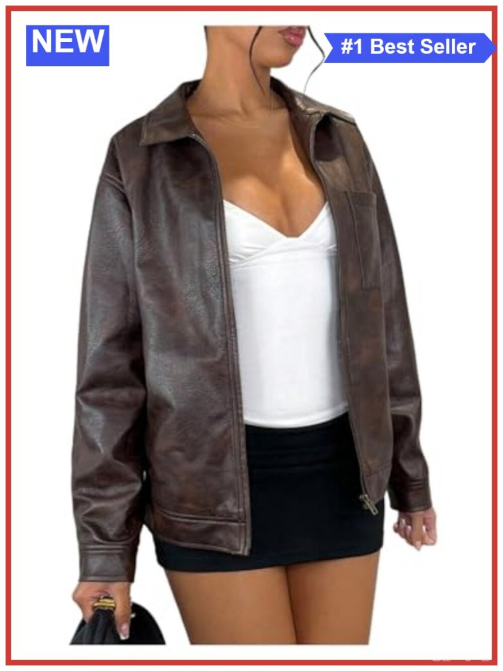 Women's Faux Leather Zip Up Long Sleeve Bomber Jacket Vintage Style